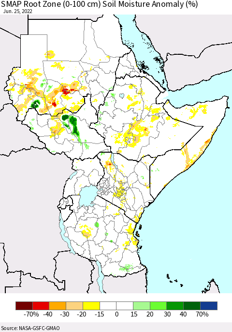Eastern Africa SMAP Root Zone (0-100 cm) Soil Moisture Anomaly (%) Thematic Map For 6/21/2022 - 6/25/2022