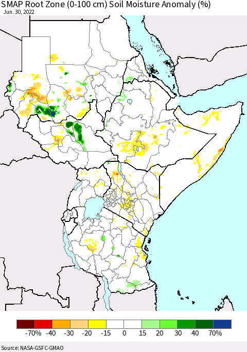 Eastern Africa SMAP Root Zone (0-100 cm) Soil Moisture Anomaly (%) Thematic Map For 6/26/2022 - 6/30/2022