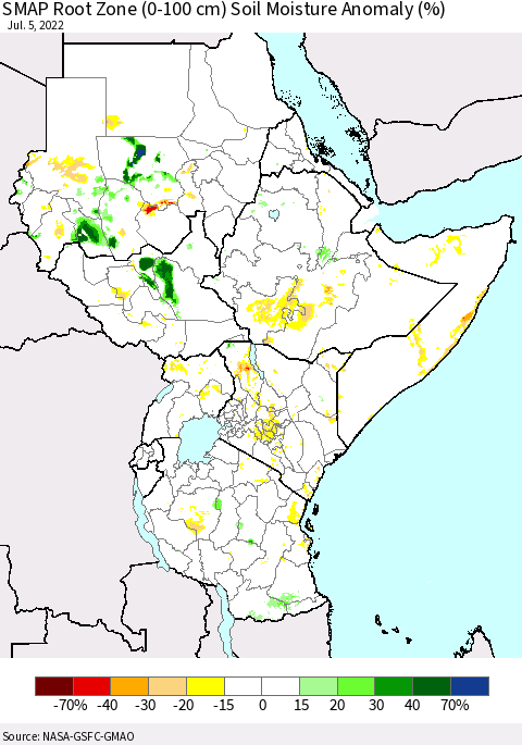 Eastern Africa SMAP Root Zone (0-100 cm) Soil Moisture Anomaly (%) Thematic Map For 7/1/2022 - 7/5/2022