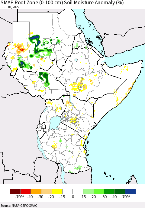 Eastern Africa SMAP Root Zone (0-100 cm) Soil Moisture Anomaly (%) Thematic Map For 7/6/2022 - 7/10/2022