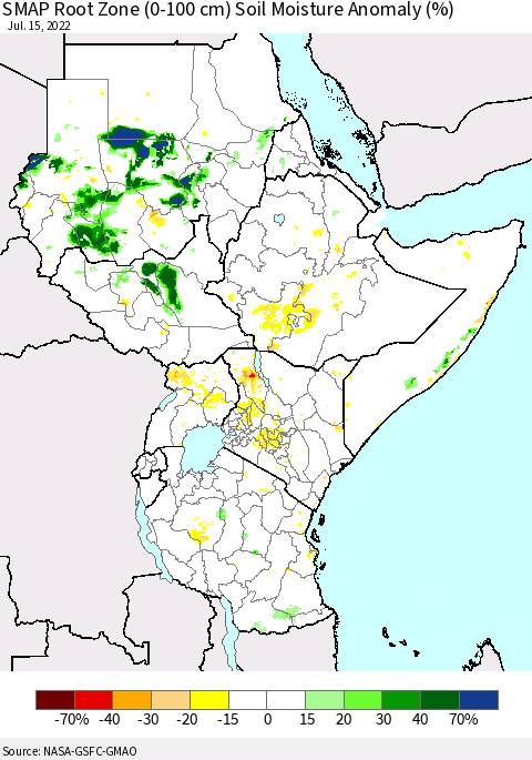 Eastern Africa SMAP Root Zone (0-100 cm) Soil Moisture Anomaly (%) Thematic Map For 7/11/2022 - 7/15/2022