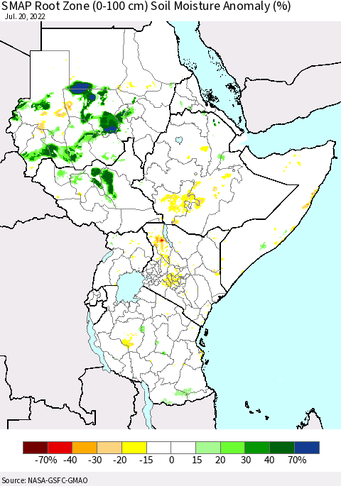 Eastern Africa SMAP Root Zone (0-100 cm) Soil Moisture Anomaly (%) Thematic Map For 7/16/2022 - 7/20/2022