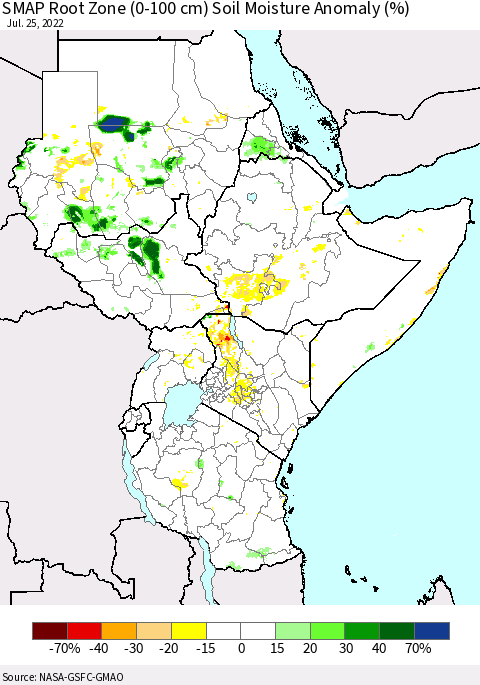 Eastern Africa SMAP Root Zone (0-100 cm) Soil Moisture Anomaly (%) Thematic Map For 7/21/2022 - 7/25/2022