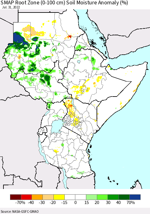 Eastern Africa SMAP Root Zone (0-100 cm) Soil Moisture Anomaly (%) Thematic Map For 7/26/2022 - 7/31/2022