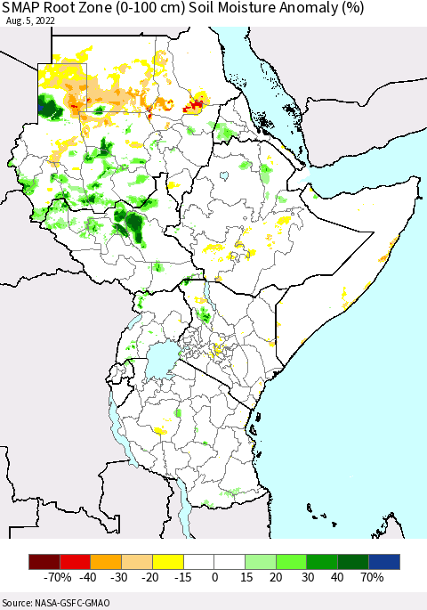 Eastern Africa SMAP Root Zone (0-100 cm) Soil Moisture Anomaly (%) Thematic Map For 8/1/2022 - 8/5/2022
