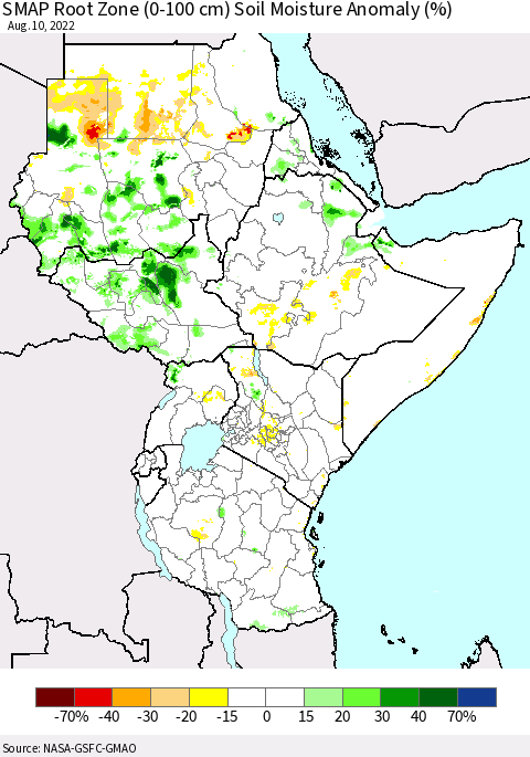 Eastern Africa SMAP Root Zone (0-100 cm) Soil Moisture Anomaly (%) Thematic Map For 8/6/2022 - 8/10/2022