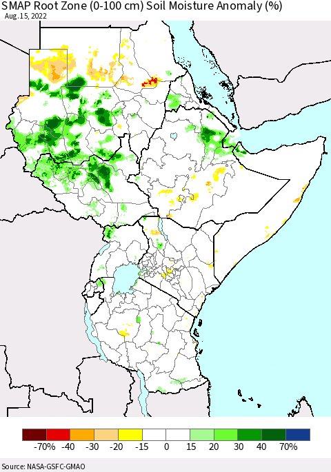 Eastern Africa SMAP Root Zone (0-100 cm) Soil Moisture Anomaly (%) Thematic Map For 8/11/2022 - 8/15/2022