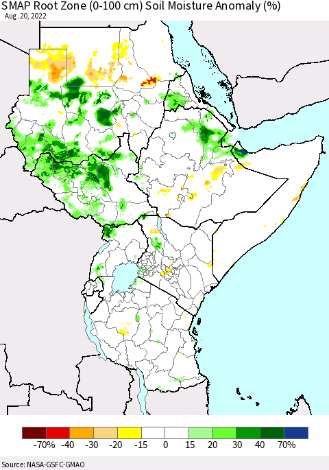 Eastern Africa SMAP Root Zone (0-100 cm) Soil Moisture Anomaly (%) Thematic Map For 8/16/2022 - 8/20/2022