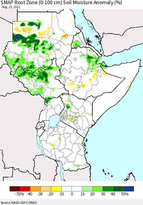 Eastern Africa SMAP Root Zone (0-100 cm) Soil Moisture Anomaly (%) Thematic Map For 8/21/2022 - 8/25/2022