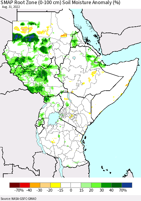 Eastern Africa SMAP Root Zone (0-100 cm) Soil Moisture Anomaly (%) Thematic Map For 8/26/2022 - 8/31/2022