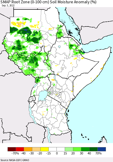 Eastern Africa SMAP Root Zone (0-100 cm) Soil Moisture Anomaly (%) Thematic Map For 9/1/2022 - 9/5/2022