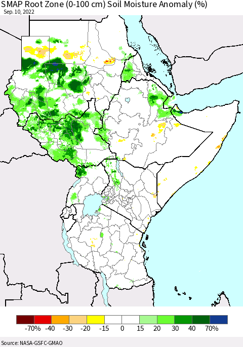 Eastern Africa SMAP Root Zone (0-100 cm) Soil Moisture Anomaly (%) Thematic Map For 9/6/2022 - 9/10/2022