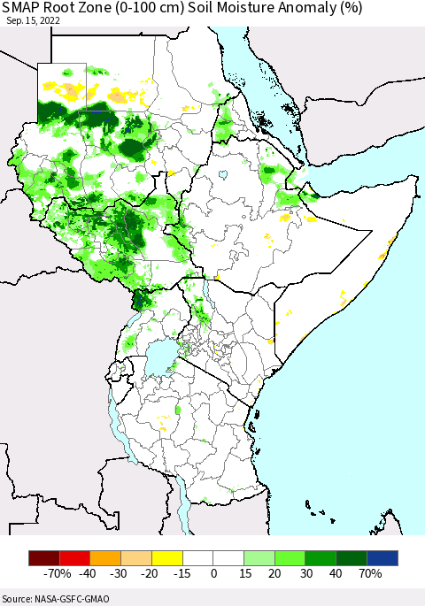 Eastern Africa SMAP Root Zone (0-100 cm) Soil Moisture Anomaly (%) Thematic Map For 9/11/2022 - 9/15/2022