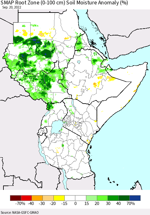 Eastern Africa SMAP Root Zone (0-100 cm) Soil Moisture Anomaly (%) Thematic Map For 9/16/2022 - 9/20/2022