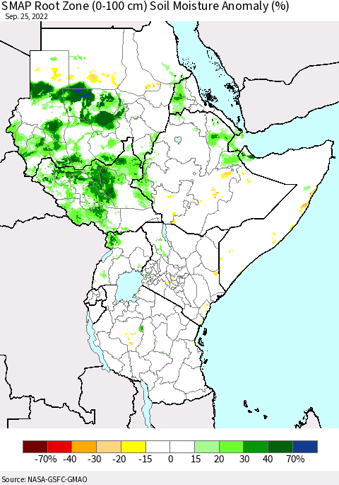 Eastern Africa SMAP Root Zone (0-100 cm) Soil Moisture Anomaly (%) Thematic Map For 9/21/2022 - 9/25/2022