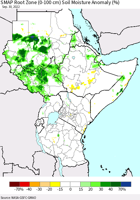 Eastern Africa SMAP Root Zone (0-100 cm) Soil Moisture Anomaly (%) Thematic Map For 9/26/2022 - 9/30/2022