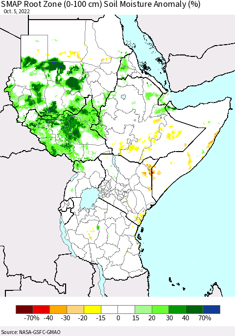 Eastern Africa SMAP Root Zone (0-100 cm) Soil Moisture Anomaly (%) Thematic Map For 10/1/2022 - 10/5/2022