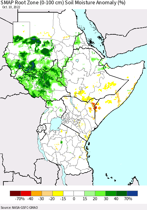 Eastern Africa SMAP Root Zone (0-100 cm) Soil Moisture Anomaly (%) Thematic Map For 10/6/2022 - 10/10/2022