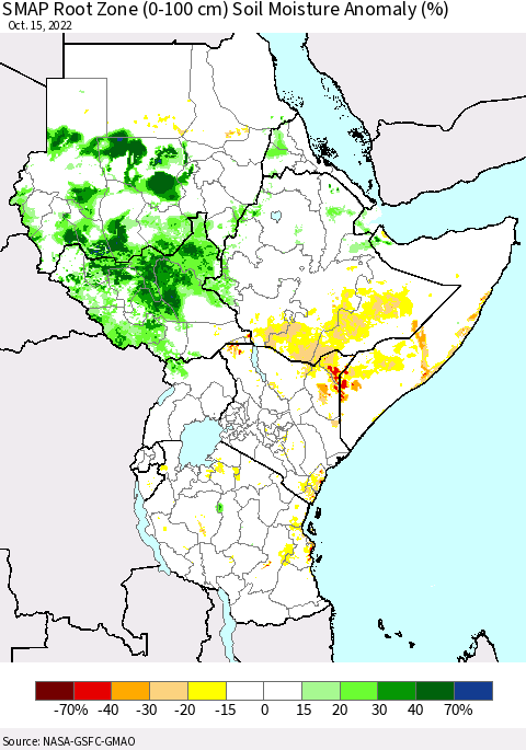 Eastern Africa SMAP Root Zone (0-100 cm) Soil Moisture Anomaly (%) Thematic Map For 10/11/2022 - 10/15/2022