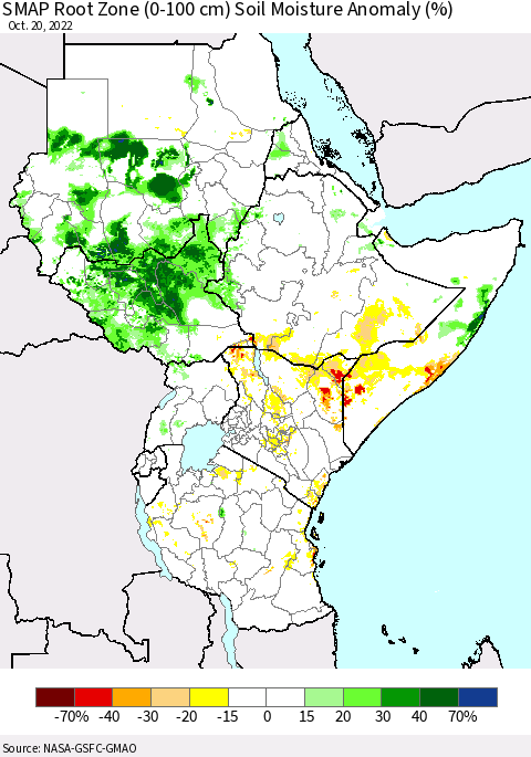 Eastern Africa SMAP Root Zone (0-100 cm) Soil Moisture Anomaly (%) Thematic Map For 10/16/2022 - 10/20/2022