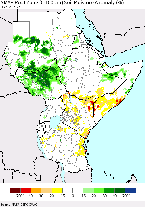 Eastern Africa SMAP Root Zone (0-100 cm) Soil Moisture Anomaly (%) Thematic Map For 10/21/2022 - 10/25/2022
