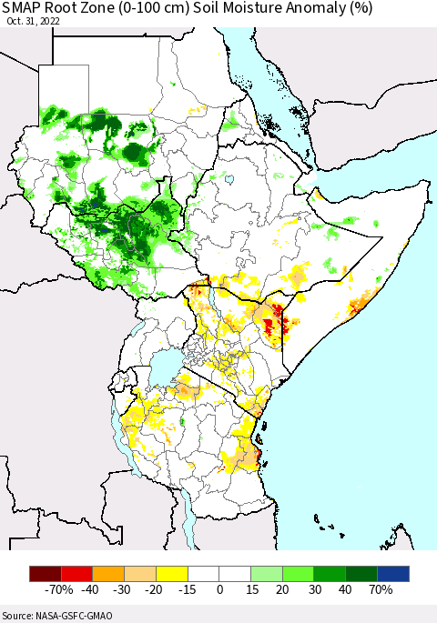 Eastern Africa SMAP Root Zone (0-100 cm) Soil Moisture Anomaly (%) Thematic Map For 10/26/2022 - 10/31/2022
