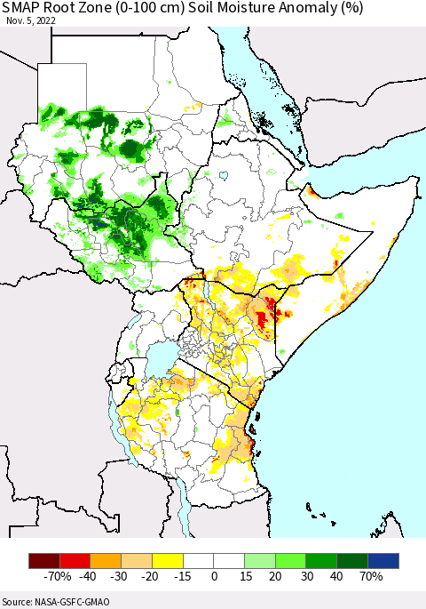 Eastern Africa SMAP Root Zone (0-100 cm) Soil Moisture Anomaly (%) Thematic Map For 11/1/2022 - 11/5/2022