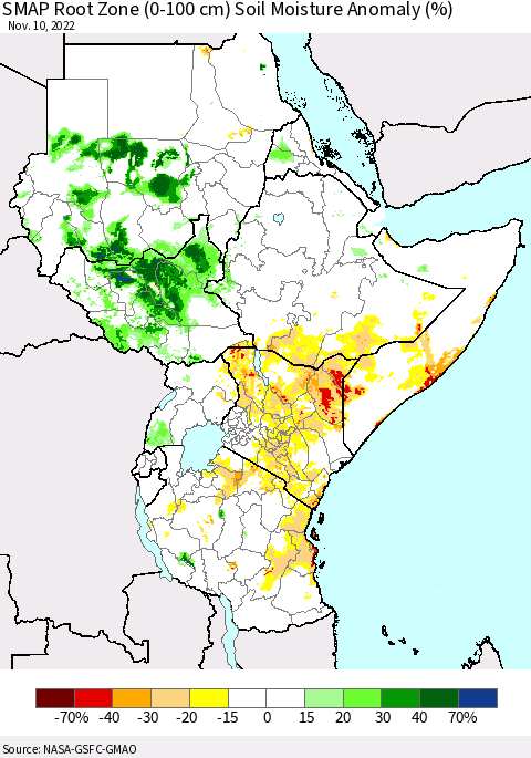 Eastern Africa SMAP Root Zone (0-100 cm) Soil Moisture Anomaly (%) Thematic Map For 11/6/2022 - 11/10/2022
