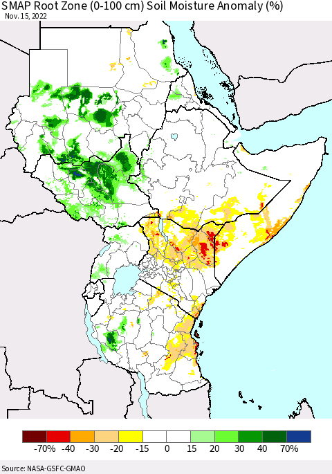 Eastern Africa SMAP Root Zone (0-100 cm) Soil Moisture Anomaly (%) Thematic Map For 11/11/2022 - 11/15/2022