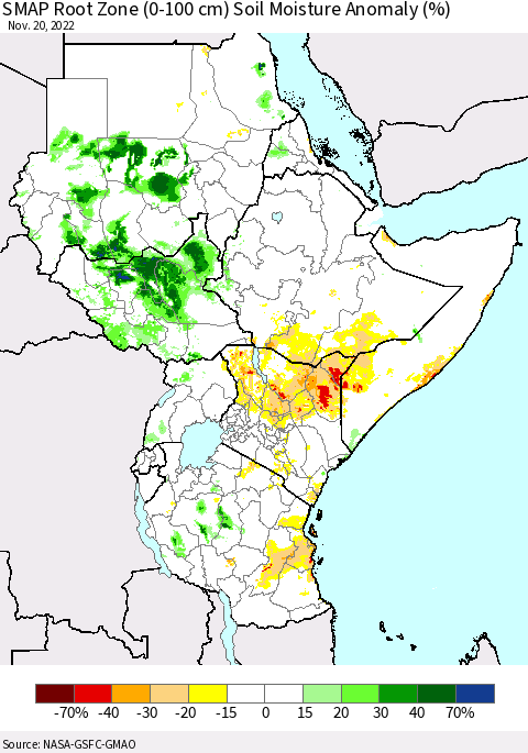 Eastern Africa SMAP Root Zone (0-100 cm) Soil Moisture Anomaly (%) Thematic Map For 11/16/2022 - 11/20/2022