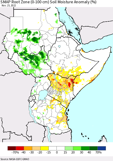 Eastern Africa SMAP Root Zone (0-100 cm) Soil Moisture Anomaly (%) Thematic Map For 11/21/2022 - 11/25/2022