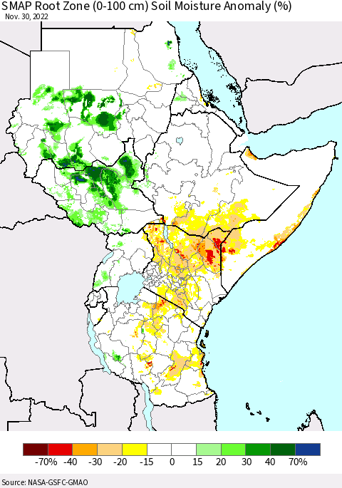 Eastern Africa SMAP Root Zone (0-100 cm) Soil Moisture Anomaly (%) Thematic Map For 11/26/2022 - 11/30/2022