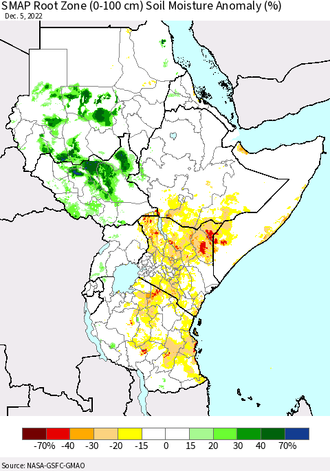 Eastern Africa SMAP Root Zone (0-100 cm) Soil Moisture Anomaly (%) Thematic Map For 12/1/2022 - 12/5/2022