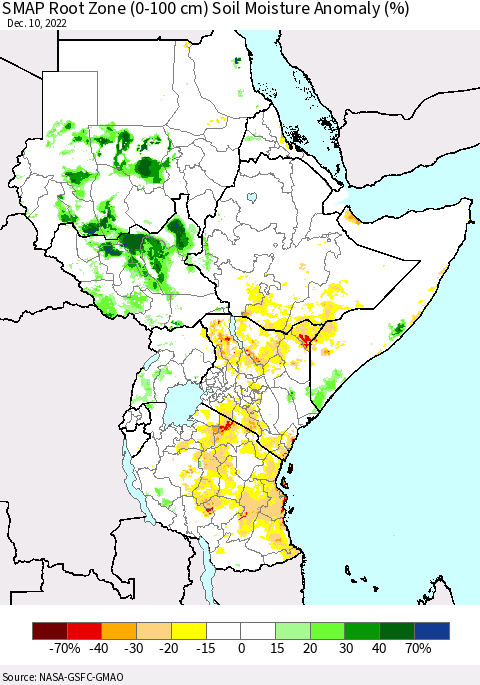 Eastern Africa SMAP Root Zone (0-100 cm) Soil Moisture Anomaly (%) Thematic Map For 12/6/2022 - 12/10/2022