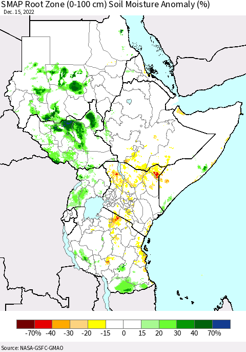 Eastern Africa SMAP Root Zone (0-100 cm) Soil Moisture Anomaly (%) Thematic Map For 12/11/2022 - 12/15/2022