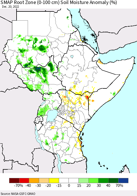 Eastern Africa SMAP Root Zone (0-100 cm) Soil Moisture Anomaly (%) Thematic Map For 12/16/2022 - 12/20/2022