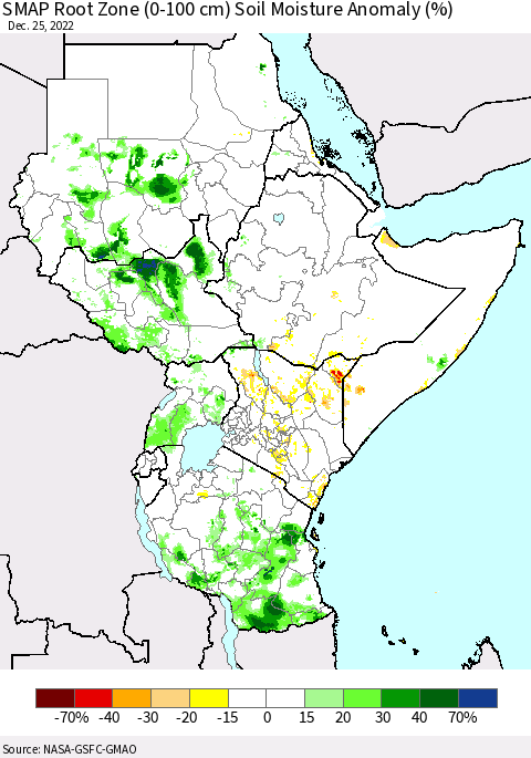 Eastern Africa SMAP Root Zone (0-100 cm) Soil Moisture Anomaly (%) Thematic Map For 12/21/2022 - 12/25/2022