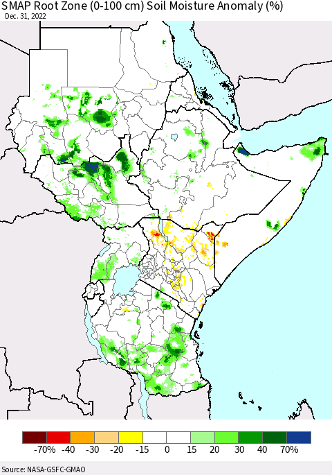 Eastern Africa SMAP Root Zone (0-100 cm) Soil Moisture Anomaly (%) Thematic Map For 12/26/2022 - 12/31/2022