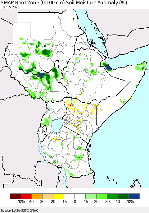 Eastern Africa SMAP Root Zone (0-100 cm) Soil Moisture Anomaly (%) Thematic Map For 1/1/2023 - 1/5/2023
