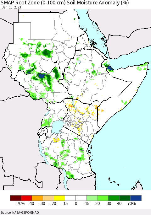 Eastern Africa SMAP Root Zone (0-100 cm) Soil Moisture Anomaly (%) Thematic Map For 1/6/2023 - 1/10/2023