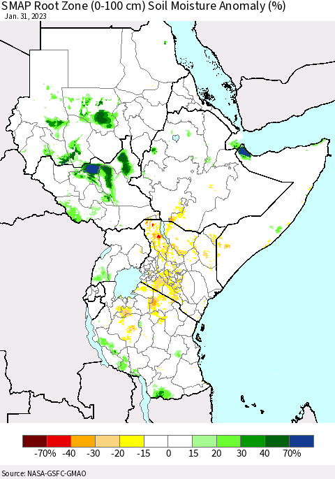 Eastern Africa SMAP Root Zone (0-100 cm) Soil Moisture Anomaly (%) Thematic Map For 1/26/2023 - 1/31/2023