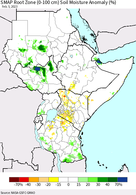 Eastern Africa SMAP Root Zone (0-100 cm) Soil Moisture Anomaly (%) Thematic Map For 2/1/2023 - 2/5/2023