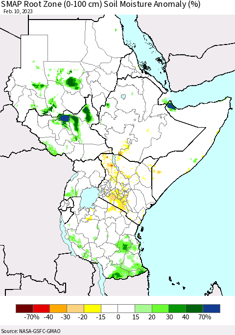 Eastern Africa SMAP Root Zone (0-100 cm) Soil Moisture Anomaly (%) Thematic Map For 2/6/2023 - 2/10/2023