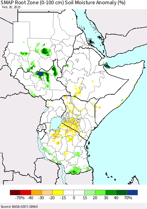 Eastern Africa SMAP Root Zone (0-100 cm) Soil Moisture Anomaly (%) Thematic Map For 2/16/2023 - 2/20/2023