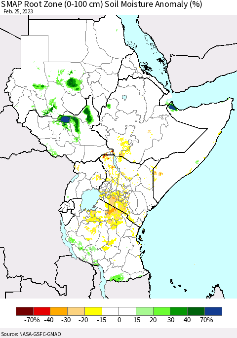 Eastern Africa SMAP Root Zone (0-100 cm) Soil Moisture Anomaly (%) Thematic Map For 2/21/2023 - 2/25/2023