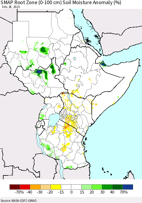Eastern Africa SMAP Root Zone (0-100 cm) Soil Moisture Anomaly (%) Thematic Map For 2/26/2023 - 2/28/2023