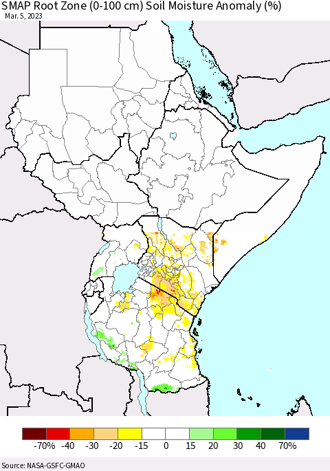 Eastern Africa SMAP Root Zone (0-100 cm) Soil Moisture Anomaly (%) Thematic Map For 3/1/2023 - 3/5/2023