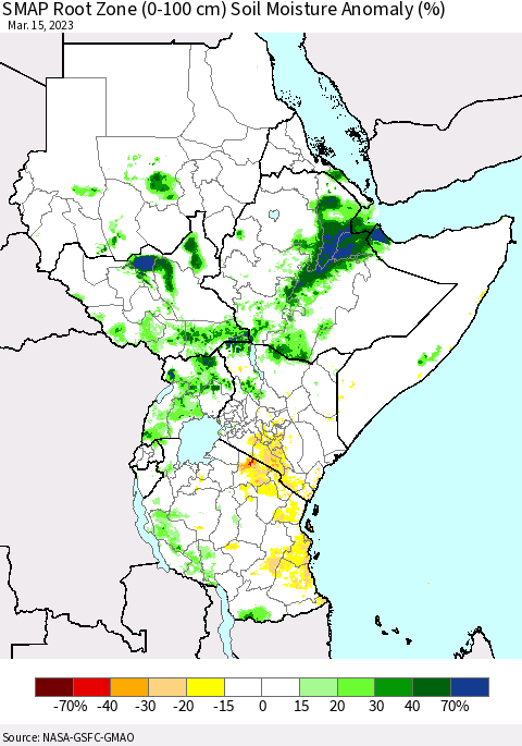 Eastern Africa SMAP Root Zone (0-100 cm) Soil Moisture Anomaly (%) Thematic Map For 3/11/2023 - 3/15/2023