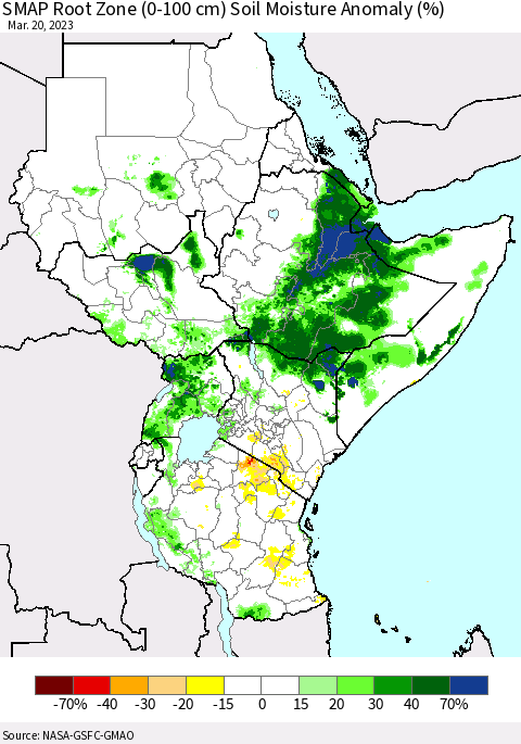 Eastern Africa SMAP Root Zone (0-100 cm) Soil Moisture Anomaly (%) Thematic Map For 3/16/2023 - 3/20/2023