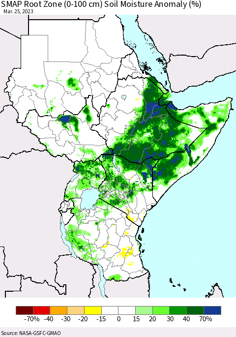 Eastern Africa SMAP Root Zone (0-100 cm) Soil Moisture Anomaly (%) Thematic Map For 3/21/2023 - 3/25/2023